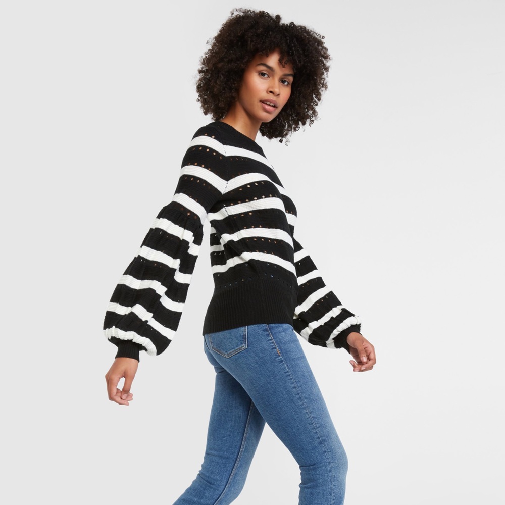 Balloon Sleeve Open Weave Striped Sweater, Large